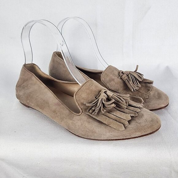 J. Crew Suede Leather Tassel Smoking Loafers Size 8.5 In Light Khaki Neutral - Picture 1 of 8